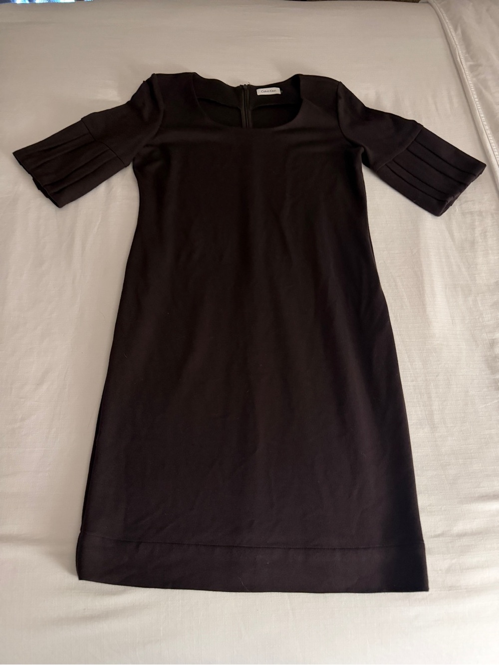 Classic Dark Brown Shift Dress with Pleated Elbow Sleeves